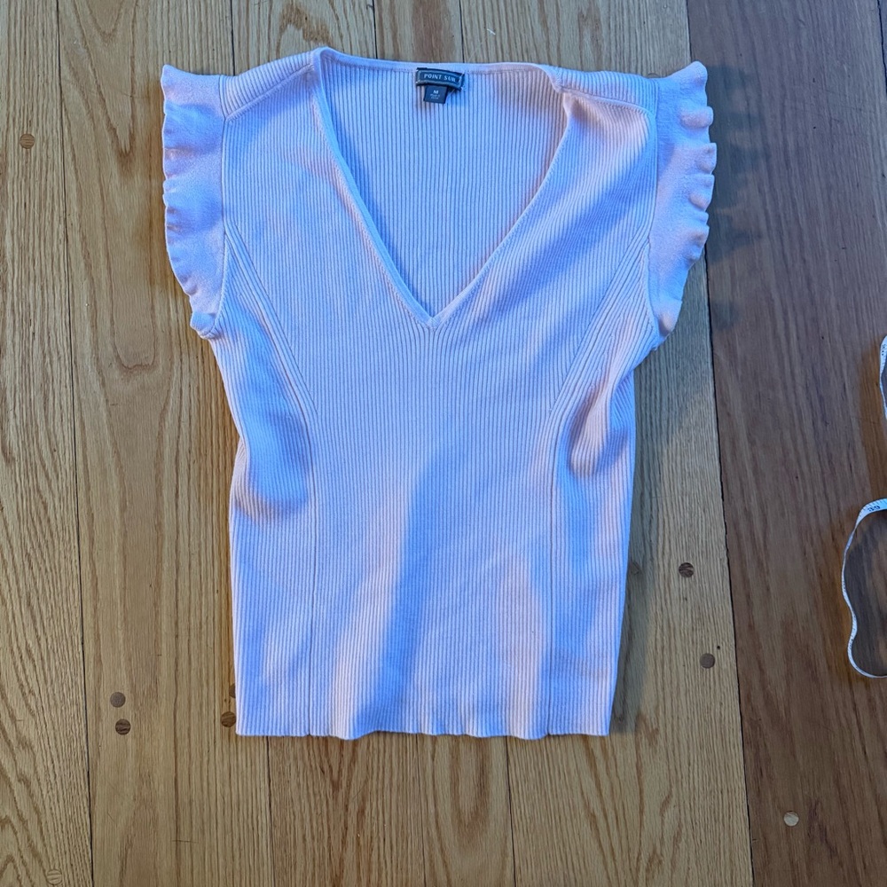 Point Sur J Crew Merino Wool Ribbed Ruffle Sleeve Tank Top Baby Pink
